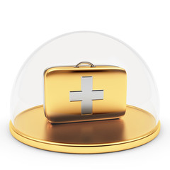 First aid kit protected by a glass dome isolated on white background  