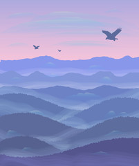 Panorama of hills. Sunset. Mist. Flying eagles.
