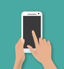 Hand touching screen of white phone
