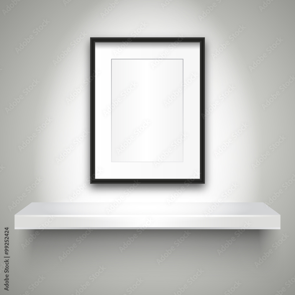 Poster empty shelf on wall and blank frame