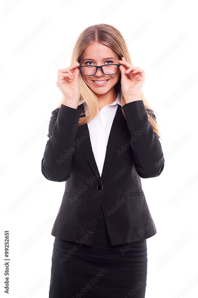 Wall mural Smiling businesswoman with glasses,on white background