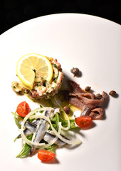 Fine dining seafood appetizer with Anchovies and octopus salad