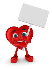 3d render of a happy heart holding a placard