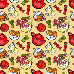 Kettle. Teapot. Cup of tea. Tea with lemon and lemon juice. Cupcakes and candy. Vase with Flowers. Vector seamless pattern (background).