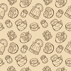 Teapot. Cup of tea. Sandwiches and scrambled eggs. Sugar and cupcakes. Vector seamless pattern (background).