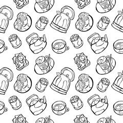 Fototapeta na wymiar Teapot. Cup of tea. Sandwiches and scrambled eggs. Sugar and cupcakes. Vector seamless pattern (background).