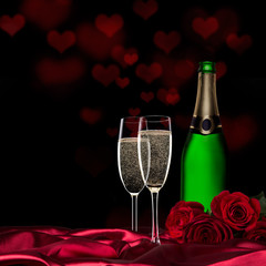 Valentine day with champagne and roses