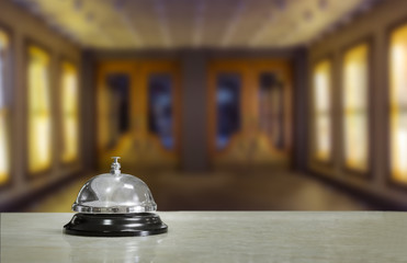 Hotel lobby with service bell and doors - obrazy, fototapety, plakaty