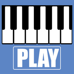 Section of a piano or synthesizer keyboard with black and white keys and the word Play in white text added beneath