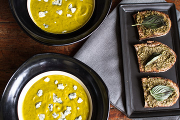pumpkin soup and toast with the pesto sauce