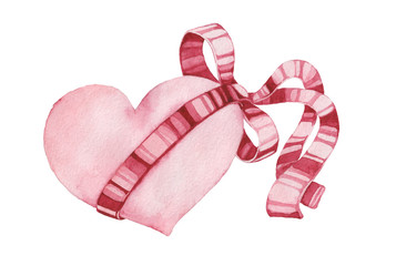 Hand drawn watercolor painted red heart with bow,  element for your design