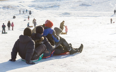 Children on sleds in winter