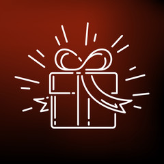 Christmas gift box icon. Present sign. Birthday gift symbol. Thin line icon on red background. Vector illustration.