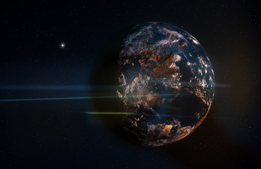 Planet in Space with Stars and Anamorphic Flares