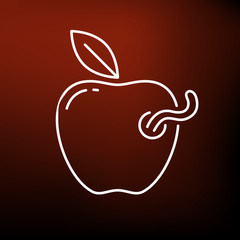 Rotten apple icon. Worm in apple sign. Bad apple symbol. Thin line icon on red background. Vector illustration.