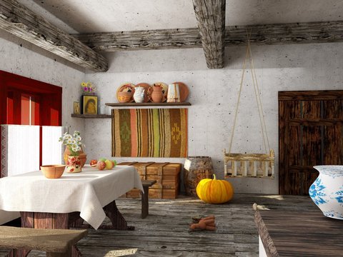 Ethnic Folk Indoors living, white stucco walls, table covered with white tablecloth, fruits, chamomiles on the table, earthenware, hardwood floor, authentic carpet, coffer, pumpkin, bassinet