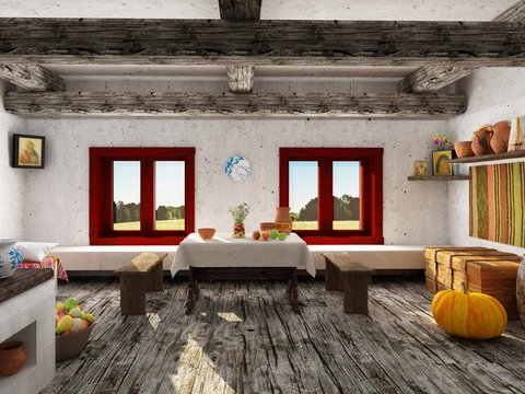 Ethnic Folk Indoors living, white stucco walls, table covered with tablecloth, fruits, chamomiles on the table, earthenware, wooden floor, carpet on the wall, wooden blocking, coffer, apples, pumpkin