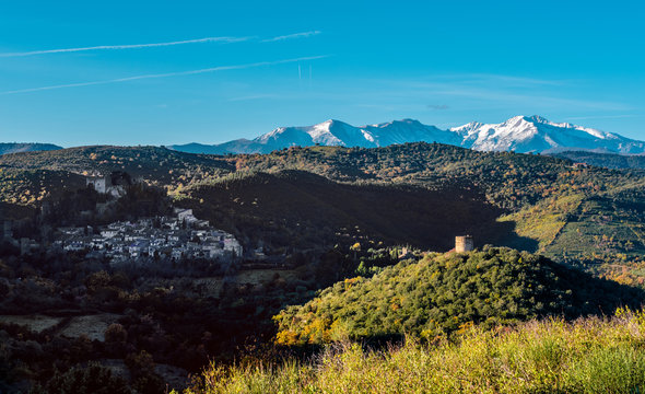View to the Castelnou village. France