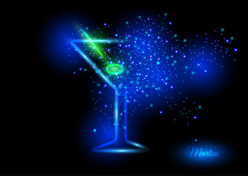 Martini with olive design concept - cocktail glass with lime bursting into shining lights of green and blue shades. Shining concept of fun and nice time on crazy party.
