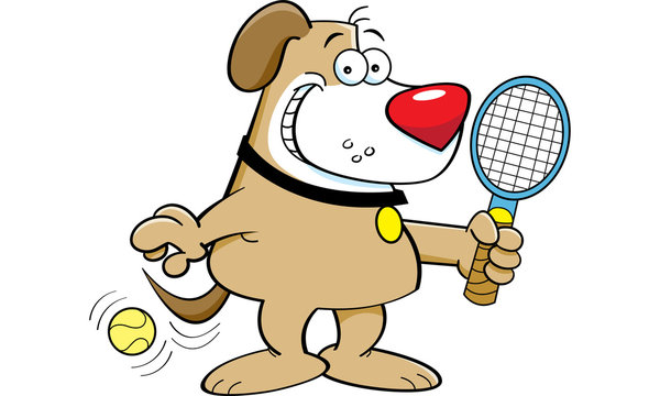 Cartoon illustration of a dog playing tennis.