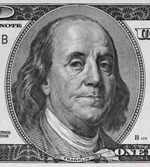 Benjamin Franklin face on us one hundred dollar bill macro, united states money closeup