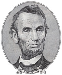 President Abraham Lincoln on us five dollar bill macro isolated, united states money closeup - obrazy, fototapety, plakaty