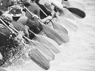 Close up of rowing team race with black and white effect