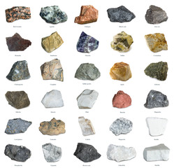 Collection set of minerals and stones isolated on white. Iron ore, sandstone, apatite, quartz, bauxite,  phosphorite, magnesite, gypsum, agate, asbestos, marble, corundum, kaolin and other minerals.