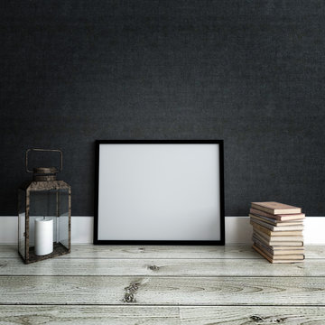 Picture frame mockup against dark wall. Interior.