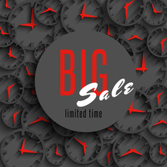Big sale time poster mockup, clock hands, shop advertising 3D banner, special discount advantage business grey background