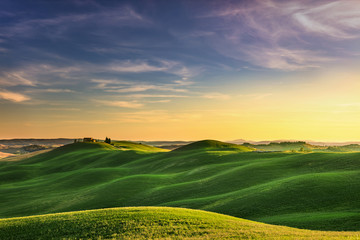 Tuscany, sunset rural landscape. Rolling hills, countryside farm