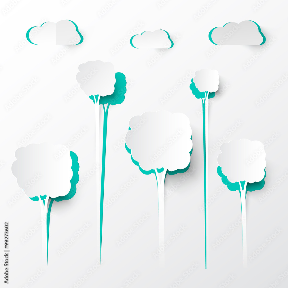 Poster Paper Cut Trees and Clouds Vector Background
