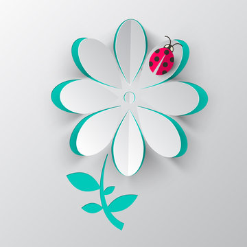 Paper Cut Vector Flower with Ladybird Bug