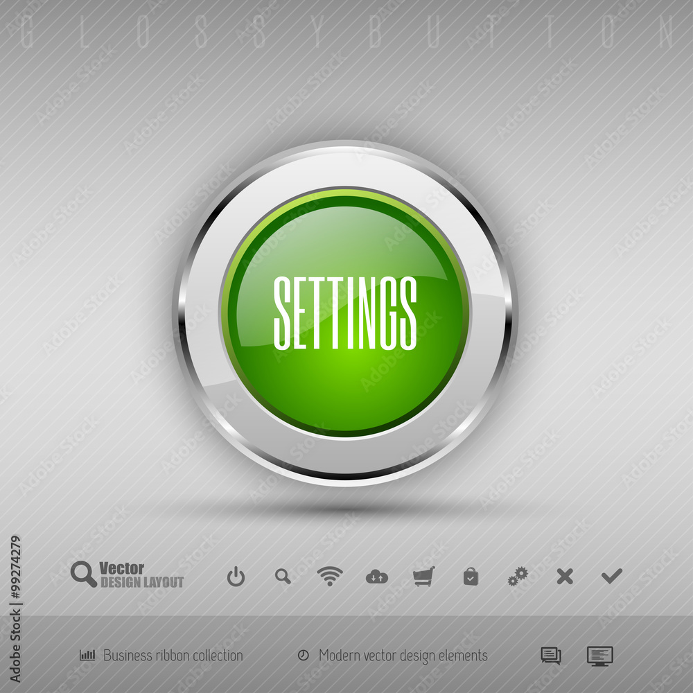 Poster vector design elements green and chrome glossy button.