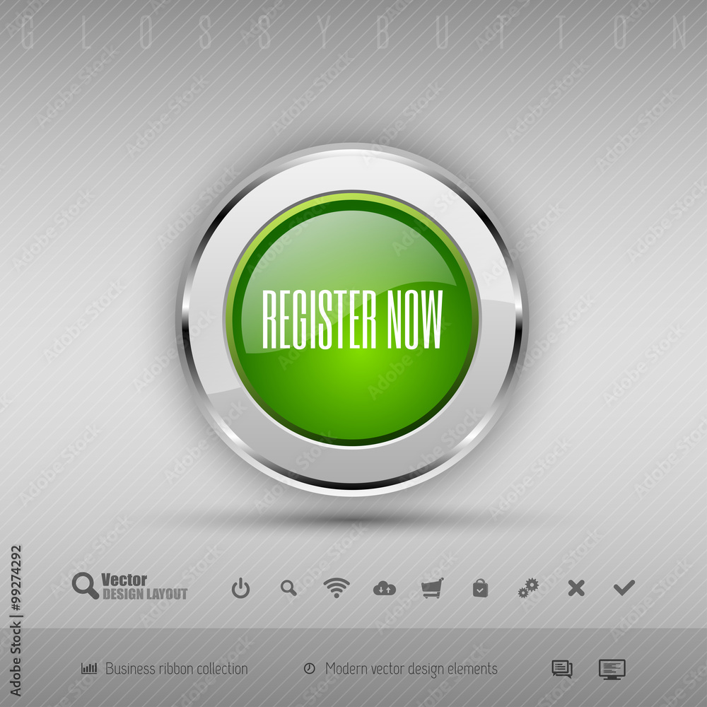 Poster vector design elements green and chrome glossy button.