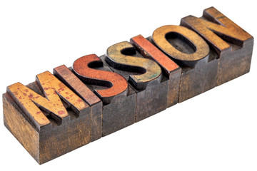 mission word abstract in wood type