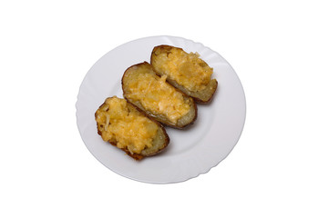 Twice baked potatoes cooked with cream cheese, Parmesan cheese and spices. Rustic style. Popular American dishes. Isolated on white.