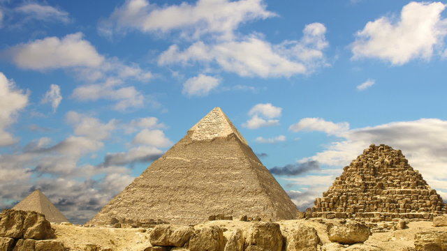 Great Pyramids In Giza Valley, Cairo, Egypt.  (Time lapse. Animation. Montage)