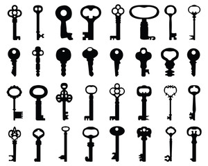 Set of black silhouettes of door keys, vector