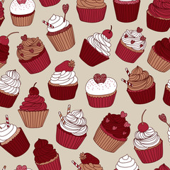 hand drawn vector seamless pattern with cupcakes