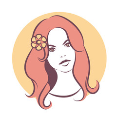 Beauty face 2. Girl with long hair and flower. Colored vector illustration