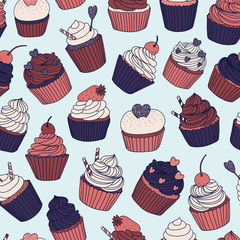 hand drawn vector seamless pattern with cupcakes