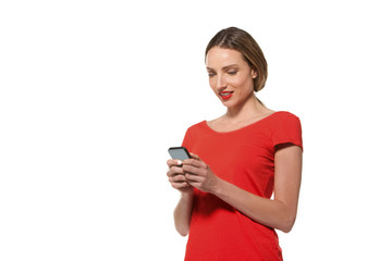 Woman in red using smart phone