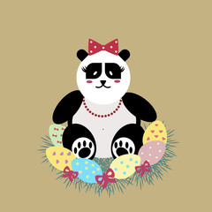 Easter Panda bear mother incubates the eggs. Flat vector