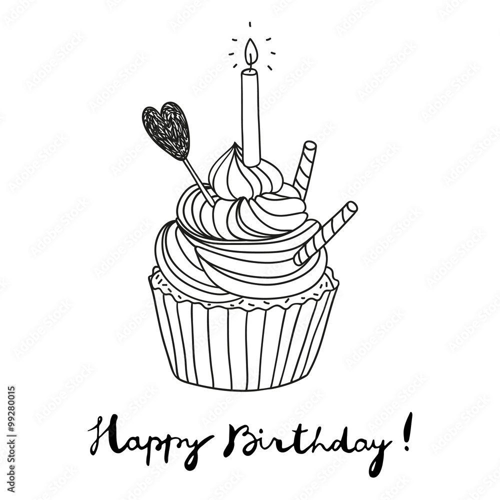 Wall mural hand drawn vector birthday postcard with a cupcake