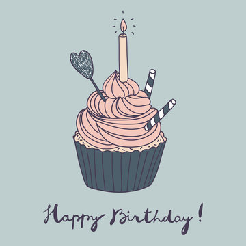 Hand Drawn Vector Birthday Postcard With A Cupcake