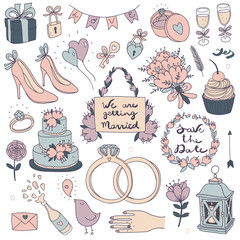 hand drawn vector wedding set..