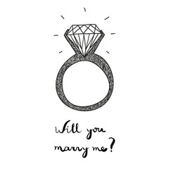 hand drawn vector engagement ring with text will you marry me