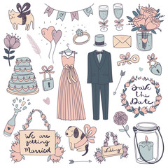 hand drawn vector wedding set..