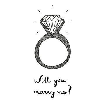 Hand Drawn Vector Engagement Ring With Text Will You Marry Me